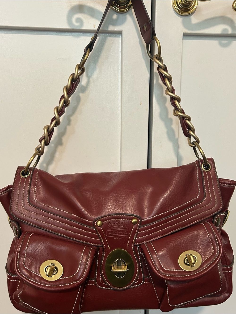 Women's Burgundy Leather Shoulder Bag with Gold Hardware - Picture 2 of 10